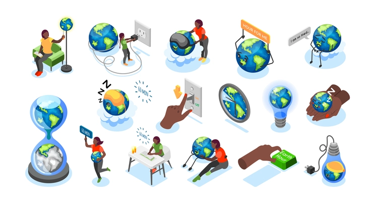 Isometric earth hour set of 3d icons with people switching off light giving planet time to rest isolated vector illustration