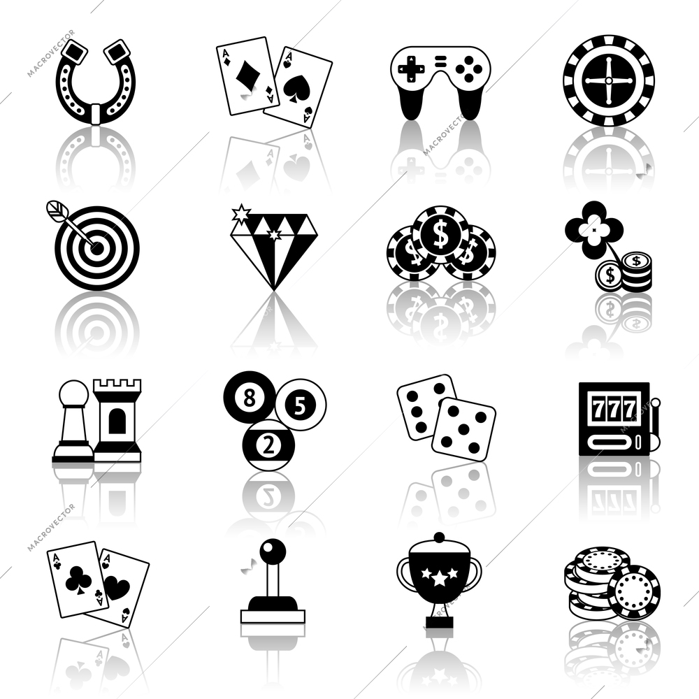 Casino smart and video games black and white icons set with horseshoe chess chips isolated vector illustration