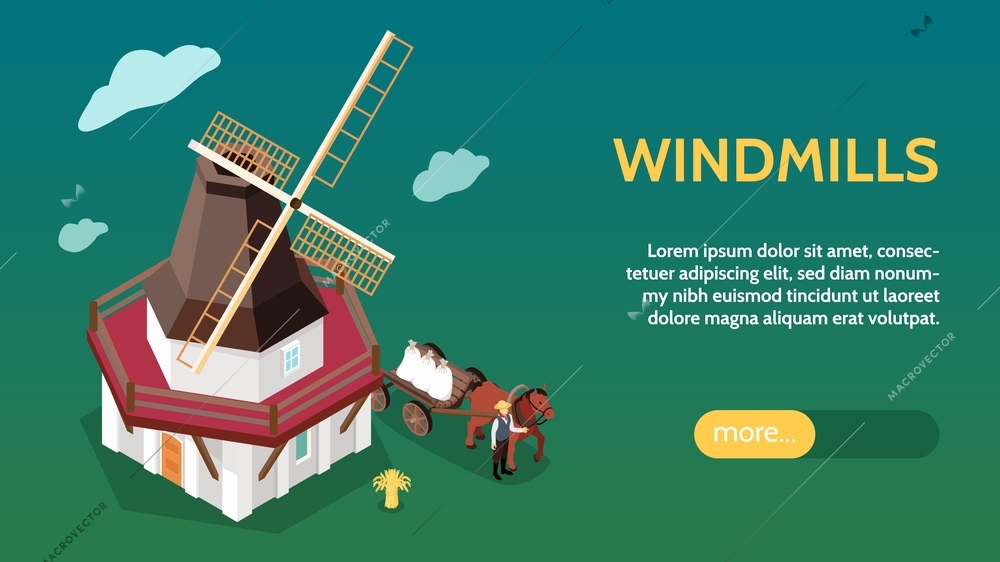 Working windmills isometric horizontal website banner with commercially operating smock mill in beautiful countryside background vector illustration