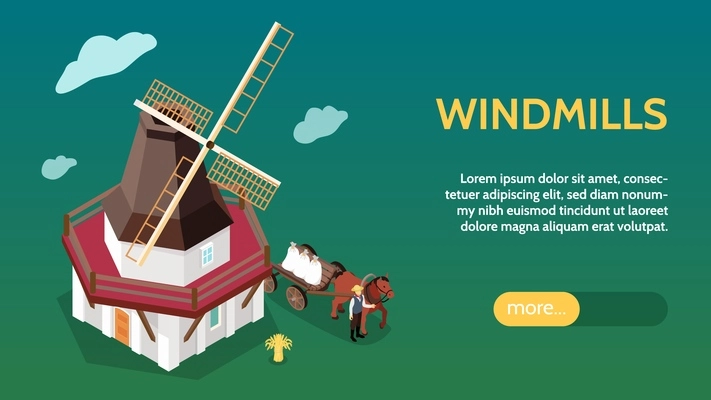 Working windmills isometric horizontal website banner with commercially operating smock mill in beautiful countryside background vector illustration