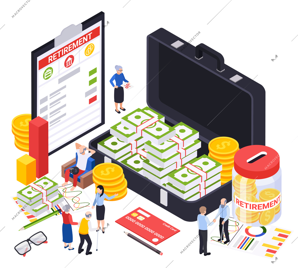 Retirement preparation plan isometric composition with human characters images of contracts and suitcase full of cash vector illustration