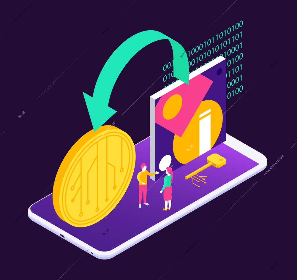 Cryptographic art crypto art nft isometric composition with icons of painting and coin on smartphone top vector illustration