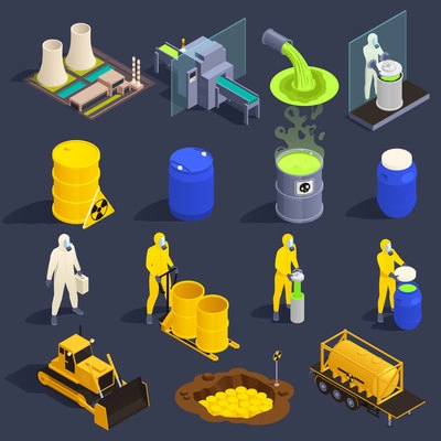 Toxic waste nuclear chemical pollution biohazard isometric icon set isolated and colored vector illustration