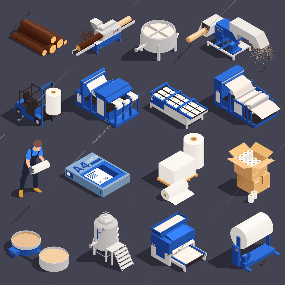 Paper production isometric icon set with different attributes workers tools and equipment vector illustration