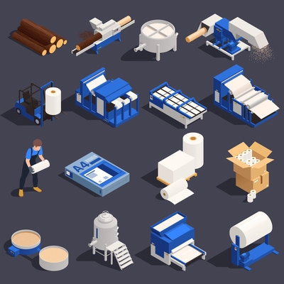 Paper production isometric icon set with different attributes workers tools and equipment vector illustration