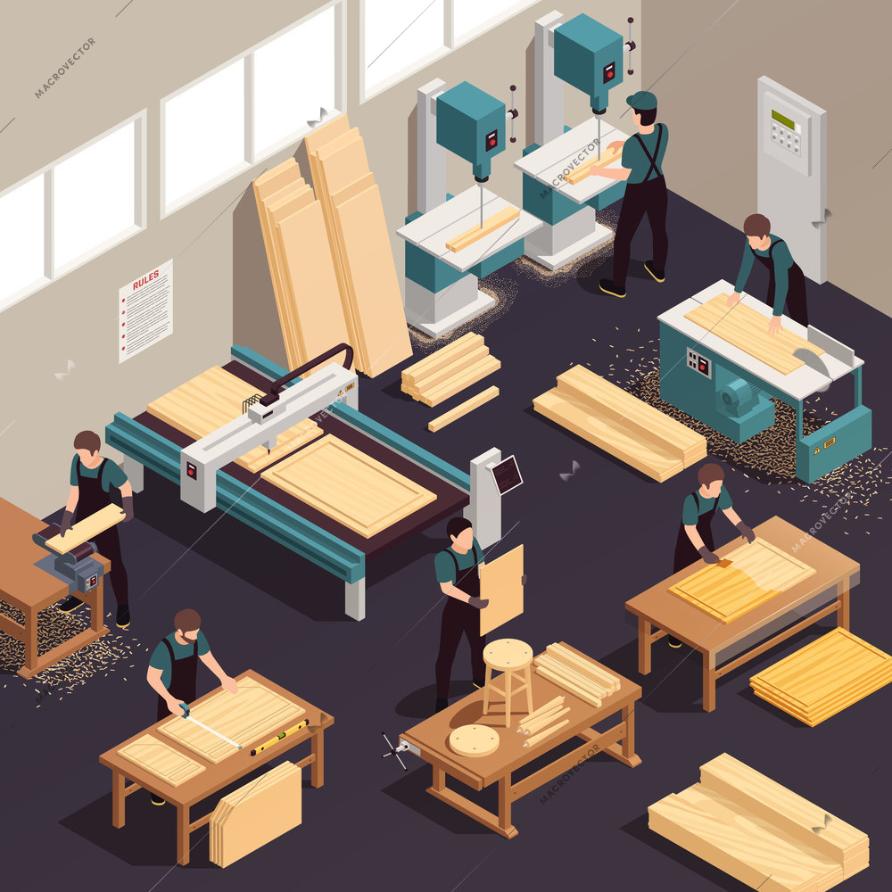 Furniture production isometric composition with production of wooden goods in the factory in the workshop vector illustration