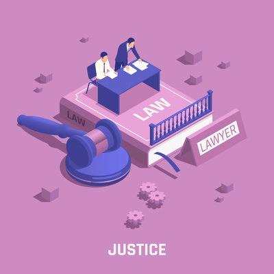 Law justice isometric composition abstract situation with a lawyer and a defendant sitting at a table vector illustration
