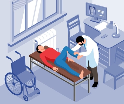 Orthopedic isometric illustration with doctor in workplace examining patient with broken leg vector illustration