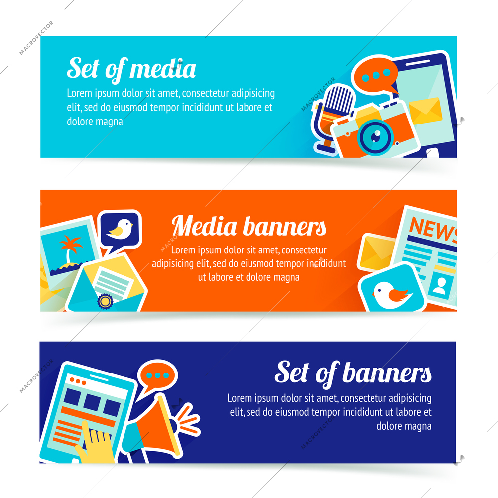 Media news social communication horizontal banner set isolated vector illustration