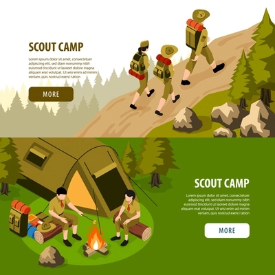 Scout camp horizontal banners advertising outdoor activities accompanied by instructor help isometric vector illustration