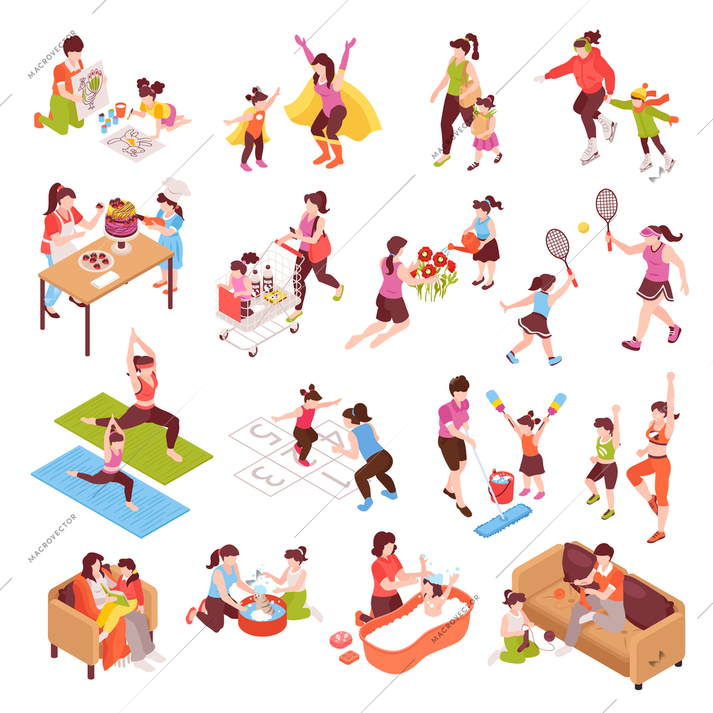 Motherhood isometric icons set with family and sport symbols isolated vector illustration