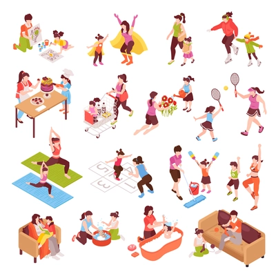 Motherhood isometric icons set with family and sport symbols isolated vector illustration