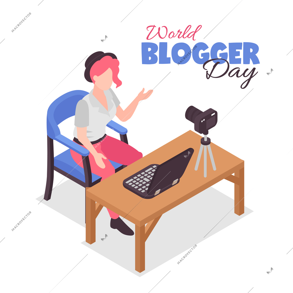 Blogger isometric concept with woman streaming symbols vector illustration