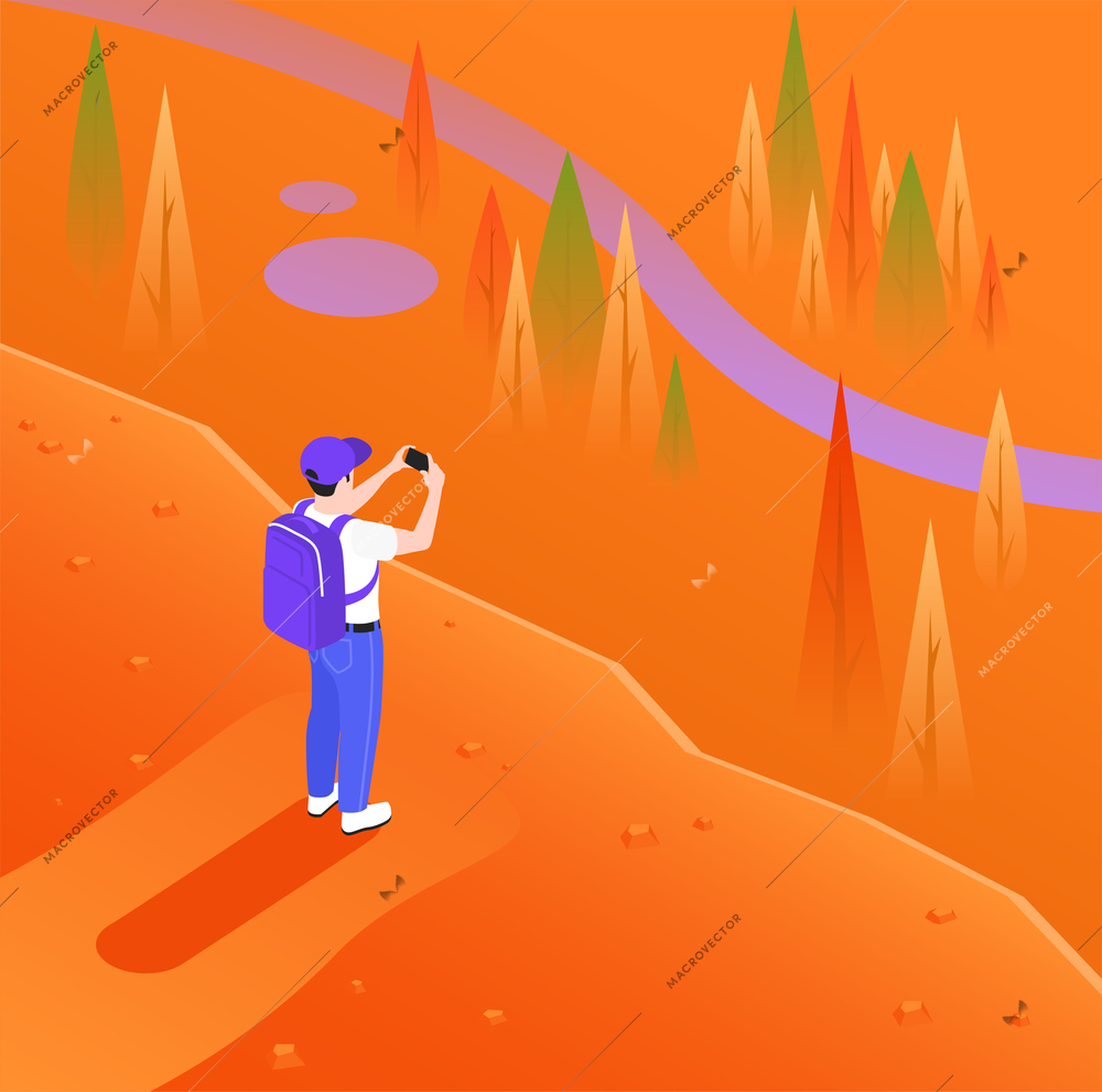 Man in blue pants on orange background photographing cliff on mobile isometric vector illustration