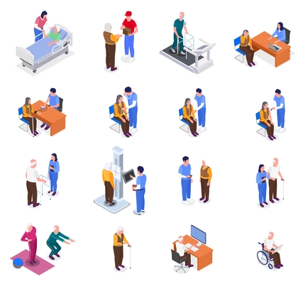 Nurses help elderly people undergo health prevention isometric set isolated vector illustration