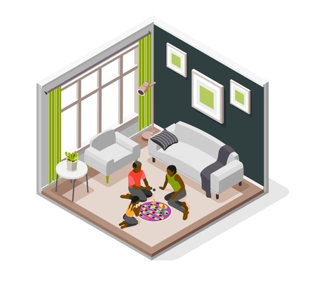 International day of families isometric vector illustration with mother father and daughter playing board game at home