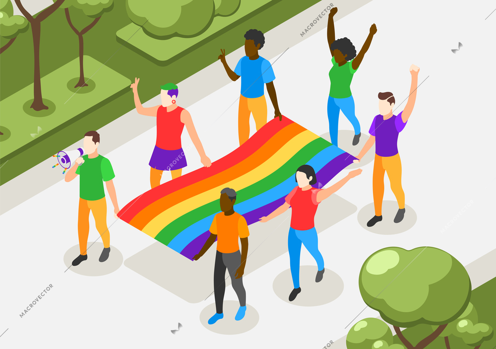 Lgbt people on pride parade isometric composition with male and female characters holding rainbow flag vector illustration