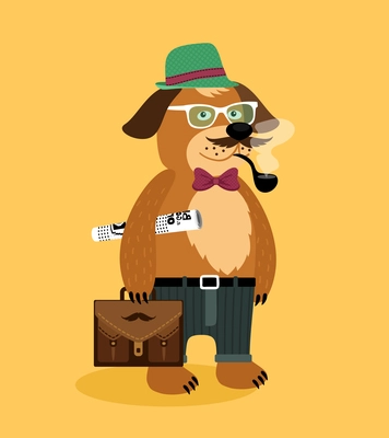 Hipster nerd puppy dog with glasses pipe newspaper and suitcase vector illustration