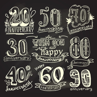 Anniversary celebration ceremony congratulations signs chalkboard collection set isolated vector illustration