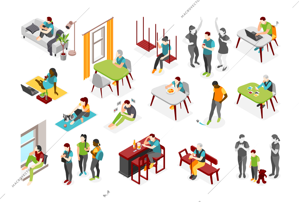 Loneliness isometric icons set of adult persons and children experiencing fear of being alone isolated vector illustration