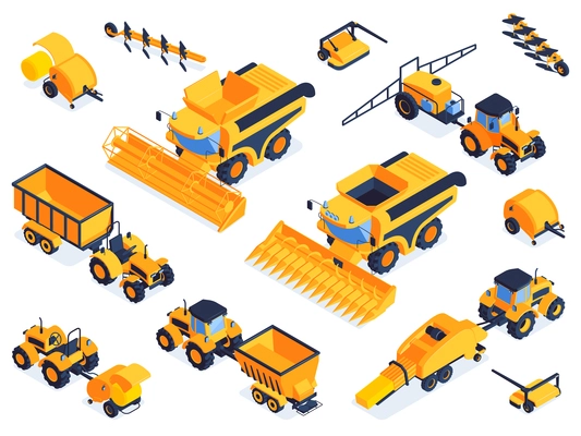 isometric agricultural color set of machinery and vehicles for field farm work isolated vector illustration