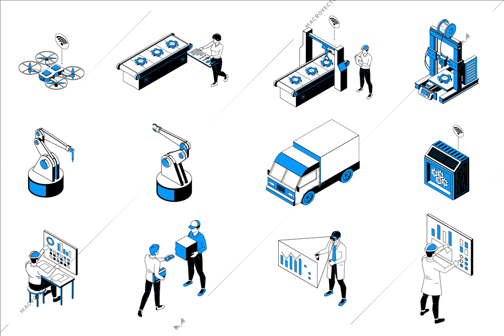 Smart industry monochrome isometric elements with robotic arms automated conveyor belt drones vr modelling isolated vector illustration