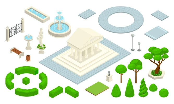 Landscape design park icon set different elements and structures for the park fence building benches and bridges paths and decorations vector illustration