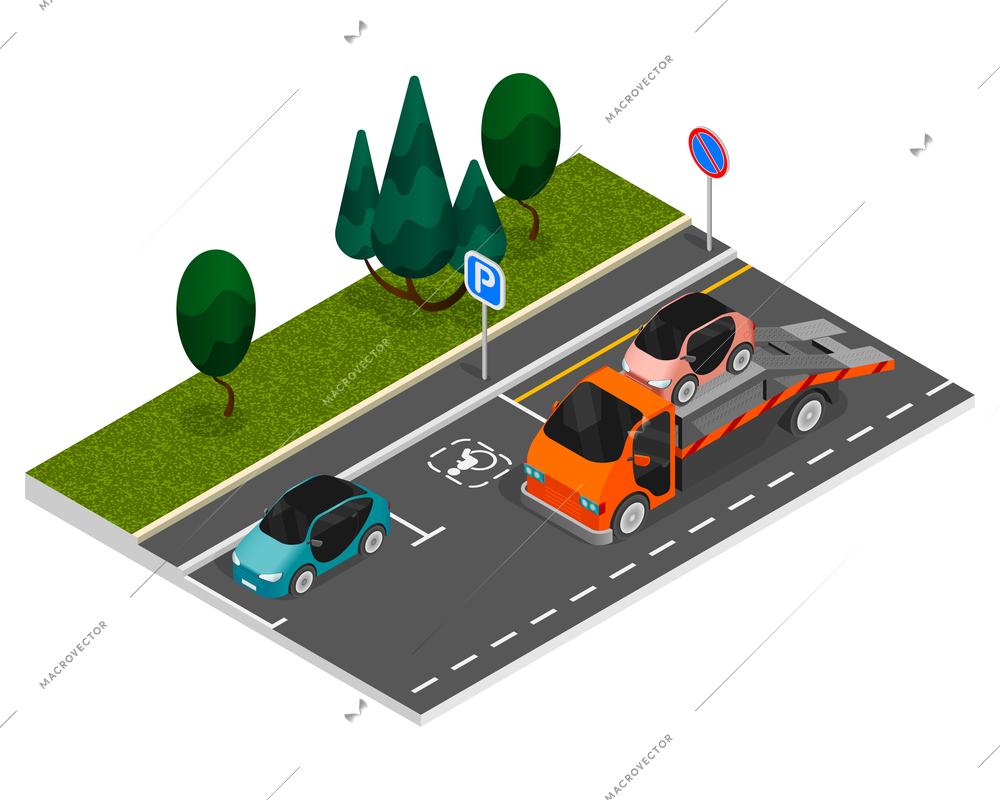 Parking colored isometric composition with a tow truck takes away an improperly parked car vector illustration