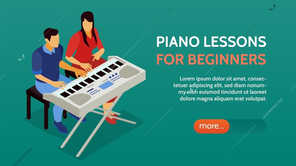 Electronic piano lessons for beginners intermediate advanced keyboard skills techniques online isometric horizontal webpage banner vector illustration