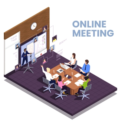 Online meeting and conference concept with content discussion symbols isometric vector illustration