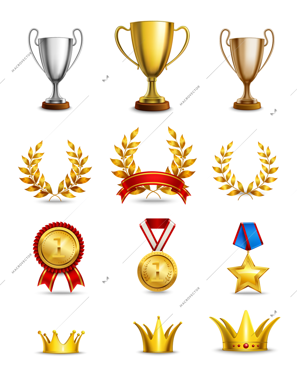 Ranking icons set of different size awards and medals isolated vector illustration