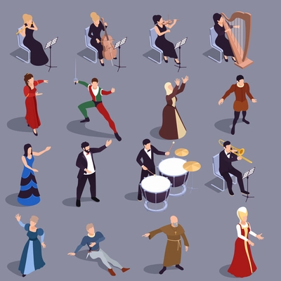 Grand theatre isometric icons set with performance symbols isolated vector illustration