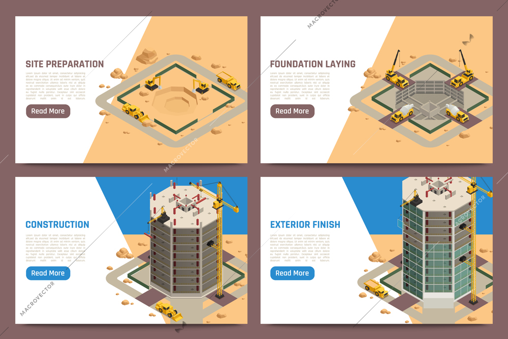 Skyscraper construction isometric banners set with site preparation symbols isolated vector illustration