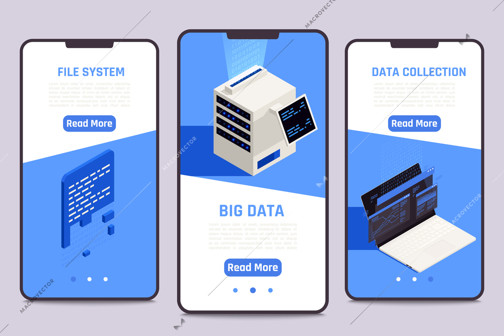 Big data analysis isometric vertical banners set with collection symbols isolated vector illustration