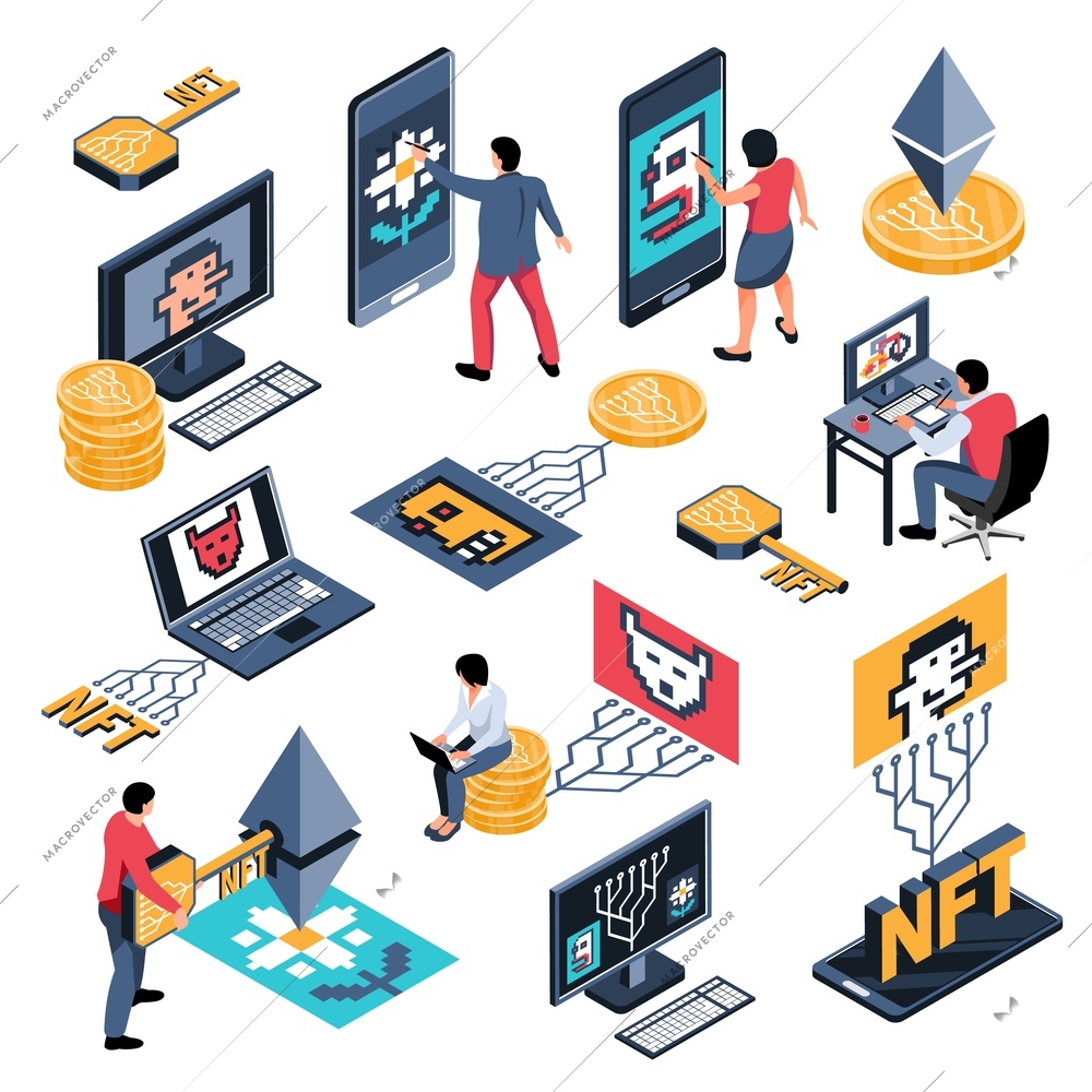 Isometric crypto art nft set with isolated icons of valuable cultural artefacts being bought and sold vector illustration