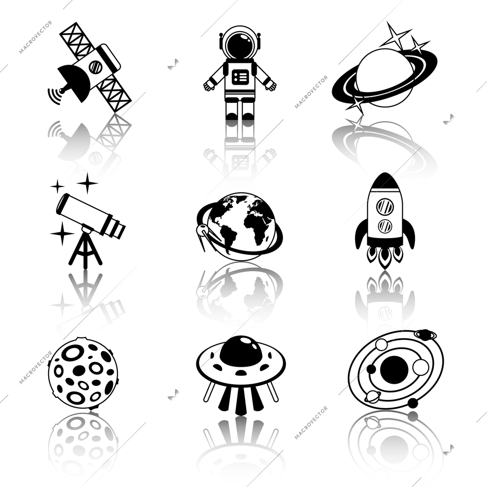 Space and astronomy black and white decorative icons set isolated vector illustration