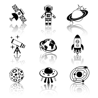 Space and astronomy black and white decorative icons set isolated vector illustration