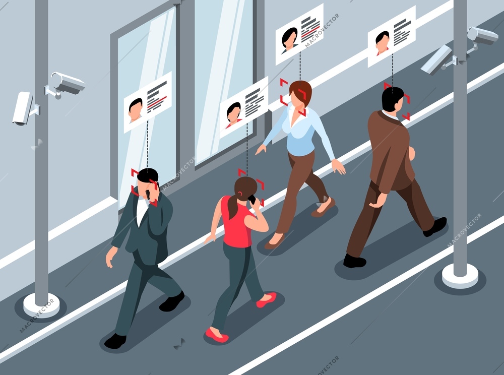 Isometric public security horizontal composition with characters of walking people and cameras recognizing their social profiles vector illustration