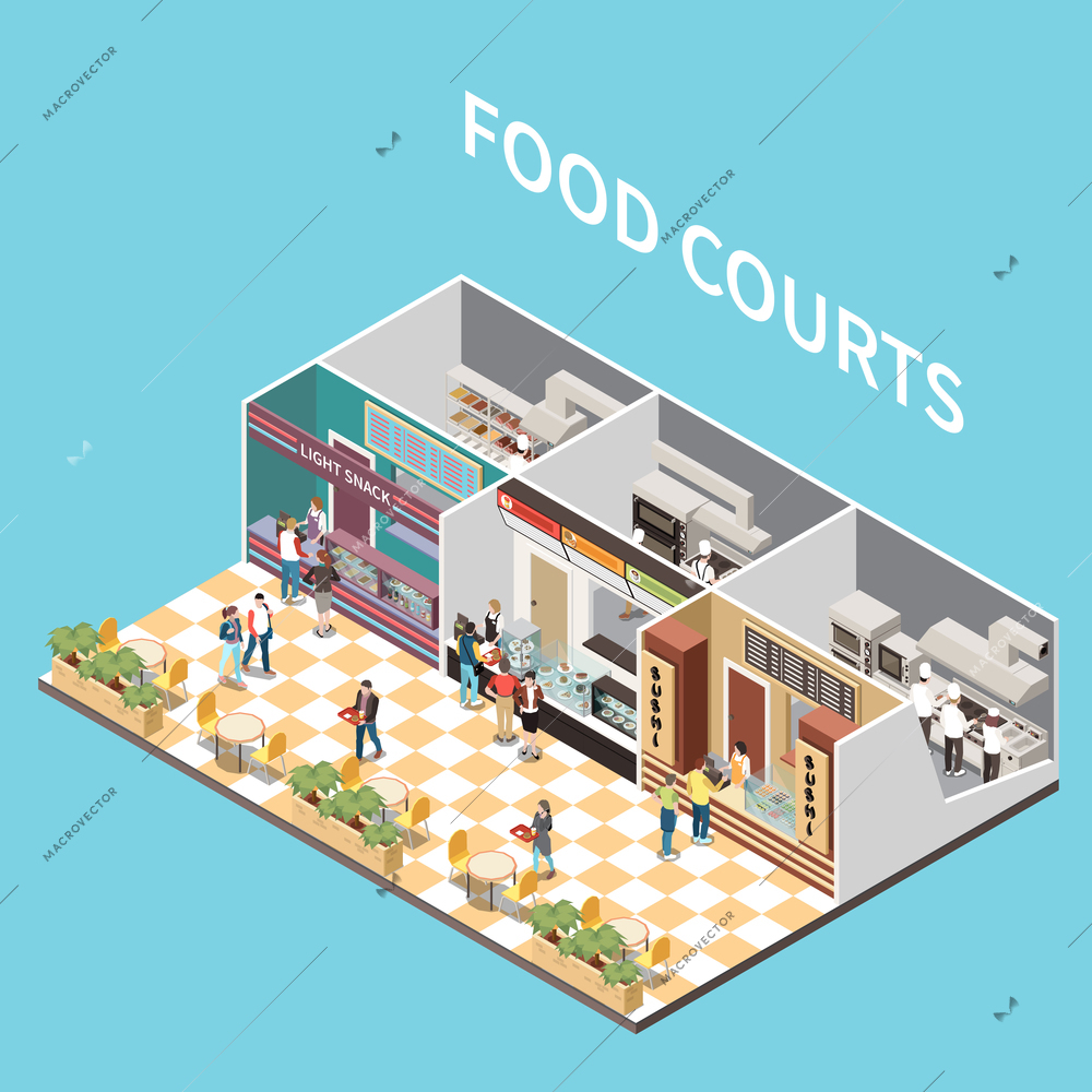 Shopping mall airport take away cafe food courts isometric view with arranging meals personnel customers vector illustration