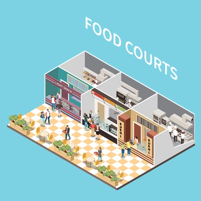 Shopping mall airport take away cafe food courts isometric view with arranging meals personnel customers vector illustration