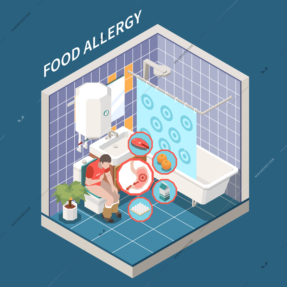 Food allergy signs symptoms isometric bathroom interior view with suffering from nausea cramping diarrhea man vector illustration