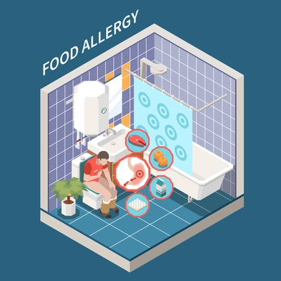 Food allergy signs symptoms isometric bathroom interior view with suffering from nausea cramping diarrhea man vector illustration