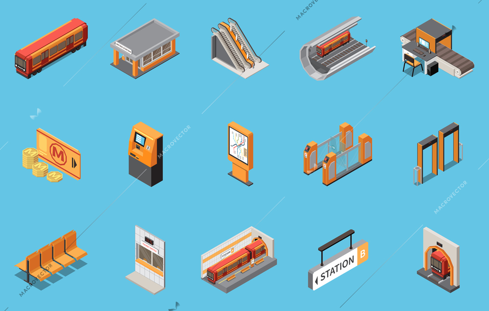 Subway underground isometric elements set carriage ticket machine travel card tube station escalator security gates vector illustration