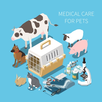 Medical care for pets farm animals isometric background composition with pills xray cow dog pig vector illustration