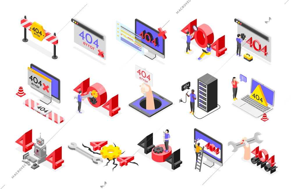 Error isometric icon set with different abstract elements tools and signs relevant to error four hundred and four vector illustration