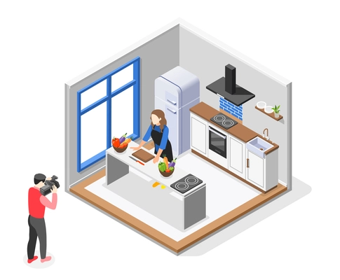 Cooking show isometric composition cameraman with video camera filming chef cooking for a show vector illustration