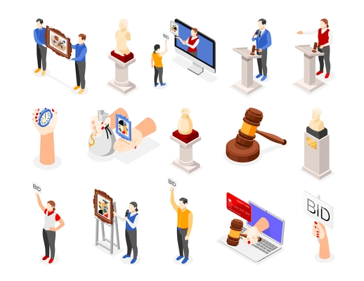 Auction isometric icon set different attributes of auction and staff making sure all it works properly vector illustration