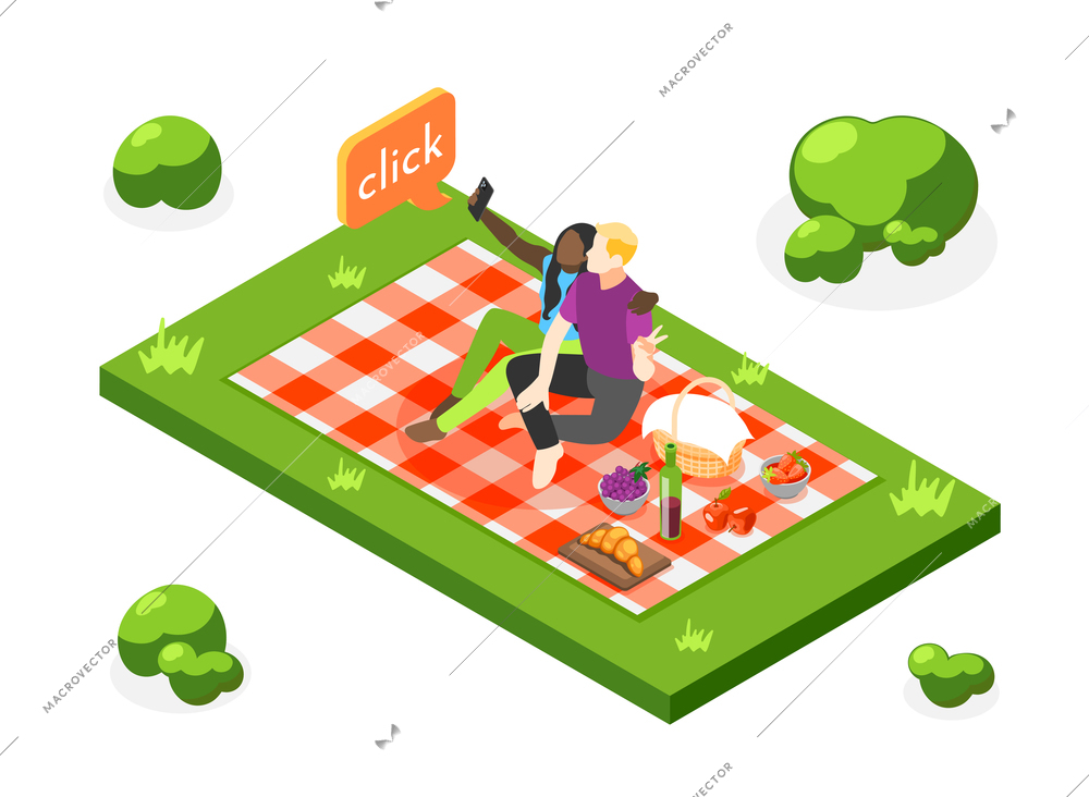 Selfie day isometric composition couple in love taking selfies at romantic picnic in the park vector illustration