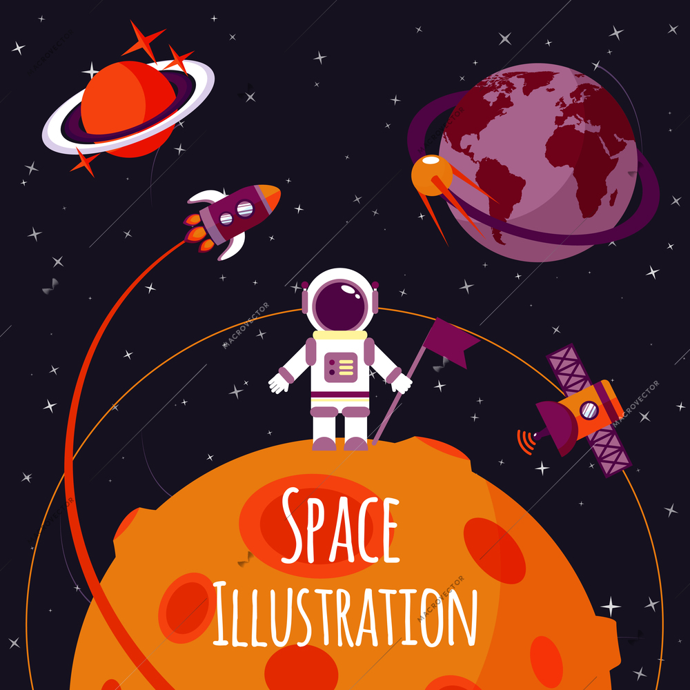 Space concept with astronaut on moon and rocket satellites on orbit flat vector illustration