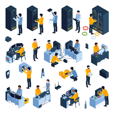 System administrator icons set with server update symbols isometric isolated vector illustration